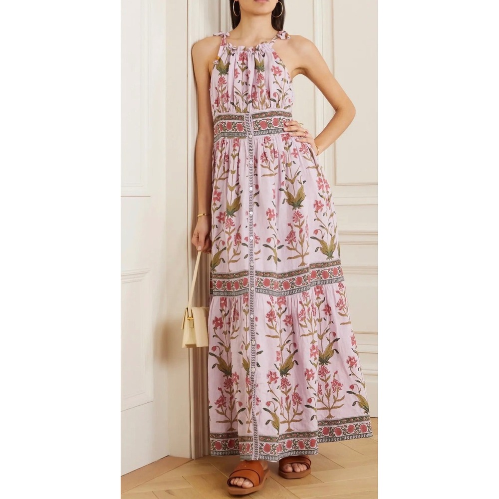 Hannah Artwear Ari Pleated Floral Print Linen Maxi Dress Lilac Pink Size 2 NWT